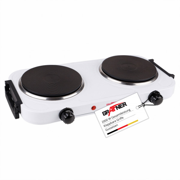 Grafner Kochplatte doppelt 2000 Watt mit klappbaren Griffen weiß KP10879