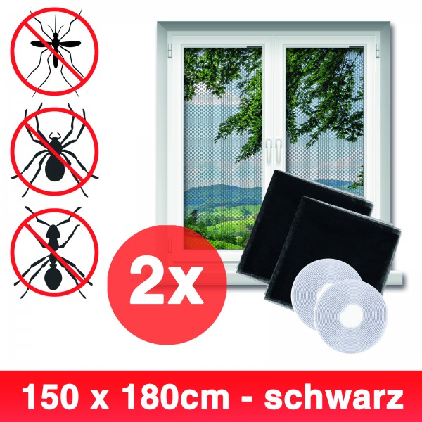 Grafner® 2er Set Insektenschutz Fliegengitter Fenster 150x180cm mit Klettband IS10905 schwarz