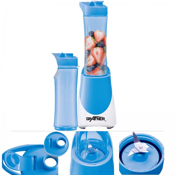 Grafner® Smoothie Maker inkl. 2x 600ml Trinkflasche to go Shaker Standmixer Mixer blau